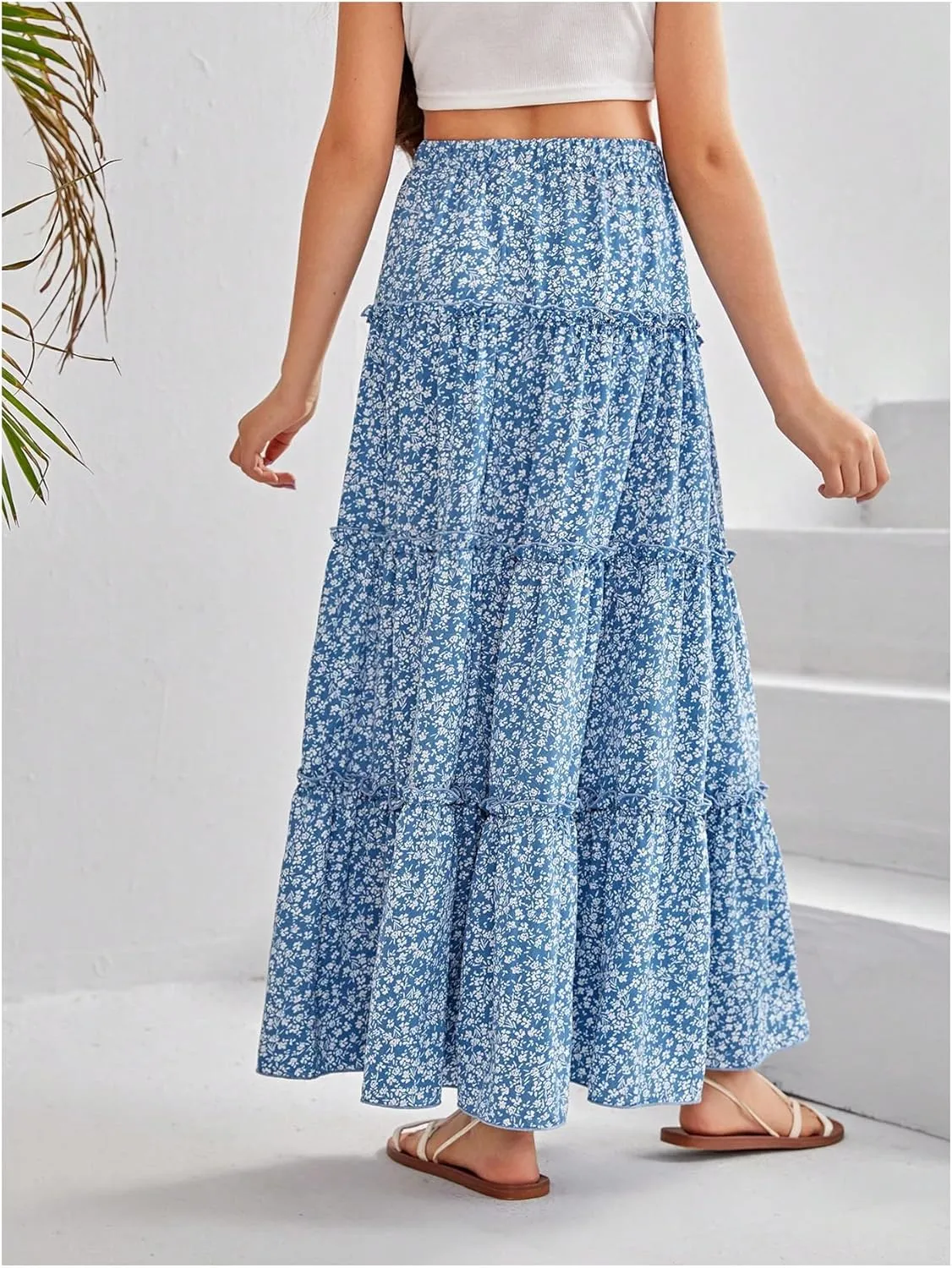 Verdusa Girl's Floral Print Elastic High Waist Ruffle Flowy Long Maxi Skirts