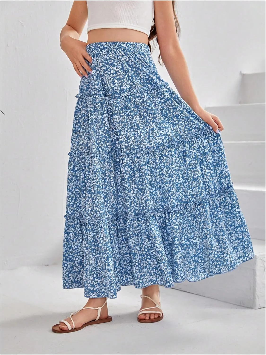 Verdusa Girl's Floral Print Elastic High Waist Ruffle Flowy Long Maxi Skirts
