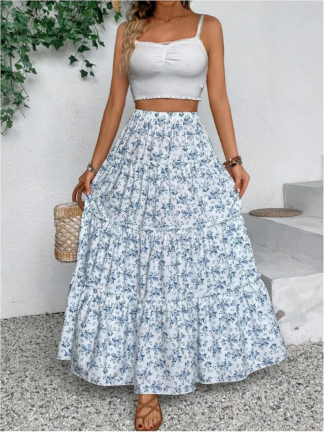 Verdusa Girl's Floral Print Elastic High Waist Ruffle Flowy Long Maxi Skirts