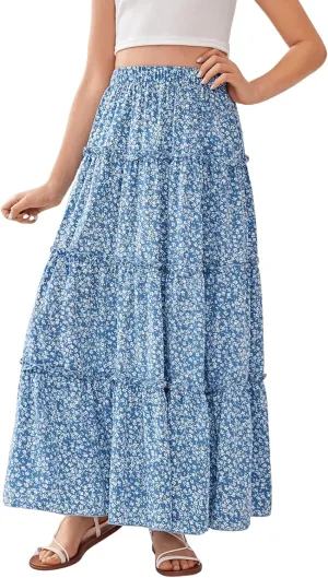 Verdusa Girl's Floral Print Elastic High Waist Ruffle Flowy Long Maxi Skirts