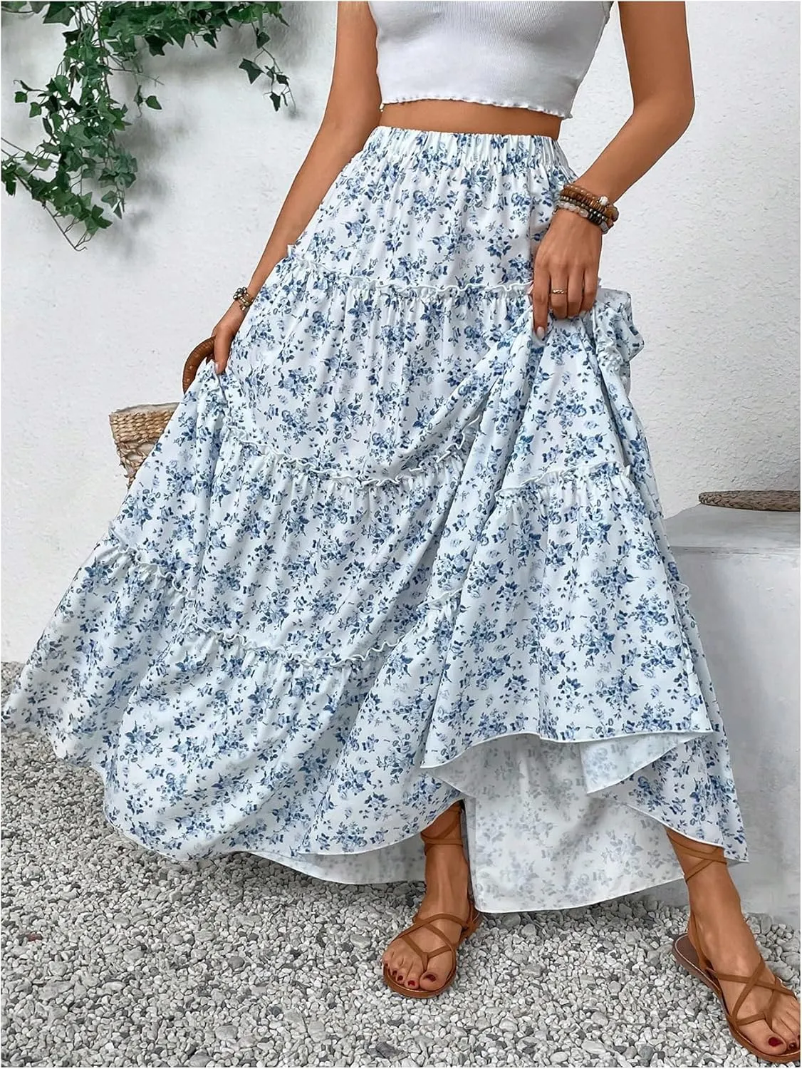 Verdusa Girl's Floral Print Elastic High Waist Ruffle Flowy Long Maxi Skirts