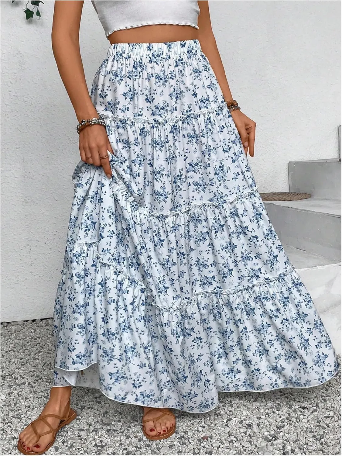 Verdusa Girl's Floral Print Elastic High Waist Ruffle Flowy Long Maxi Skirts