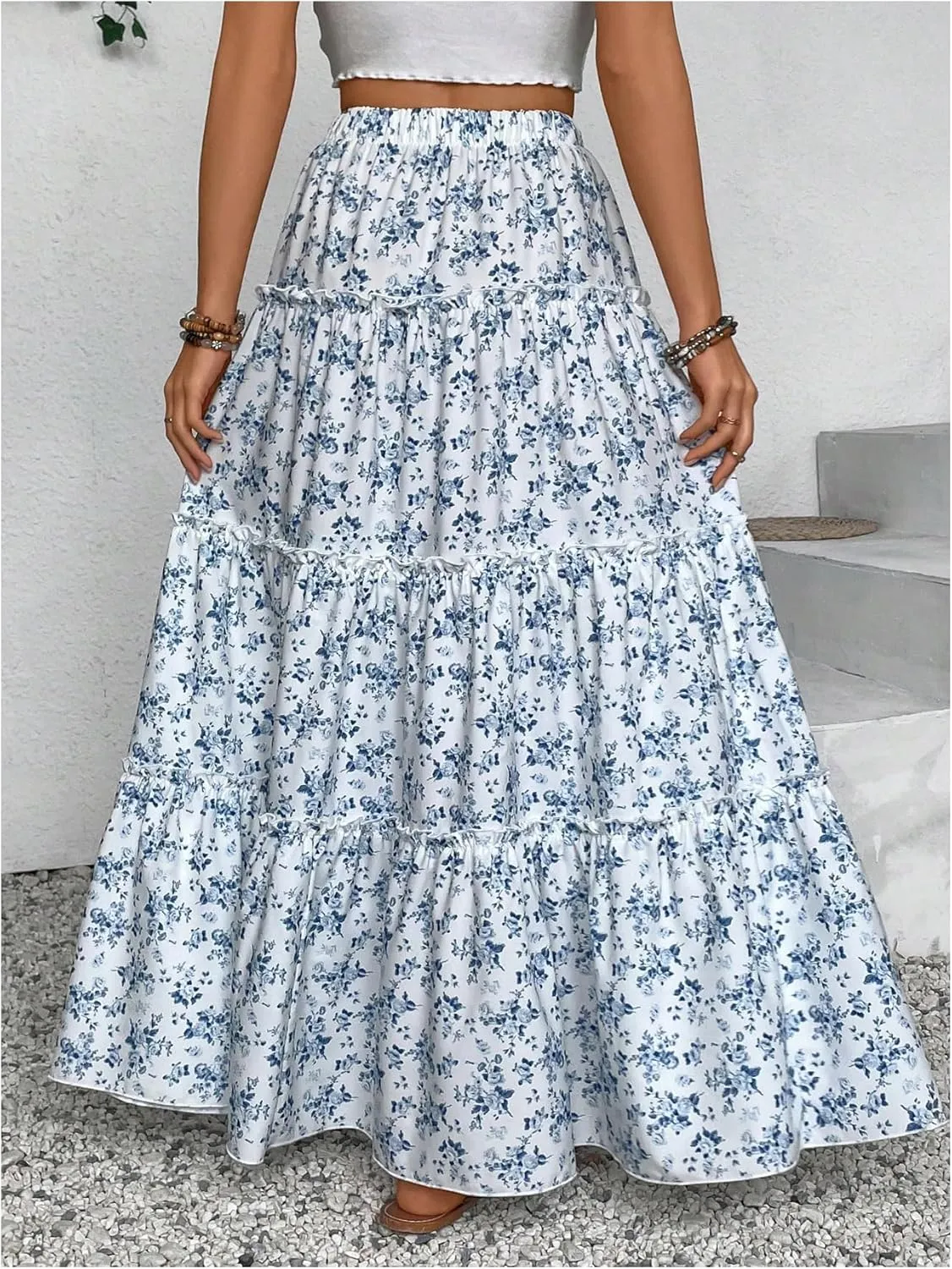 Verdusa Girl's Floral Print Elastic High Waist Ruffle Flowy Long Maxi Skirts