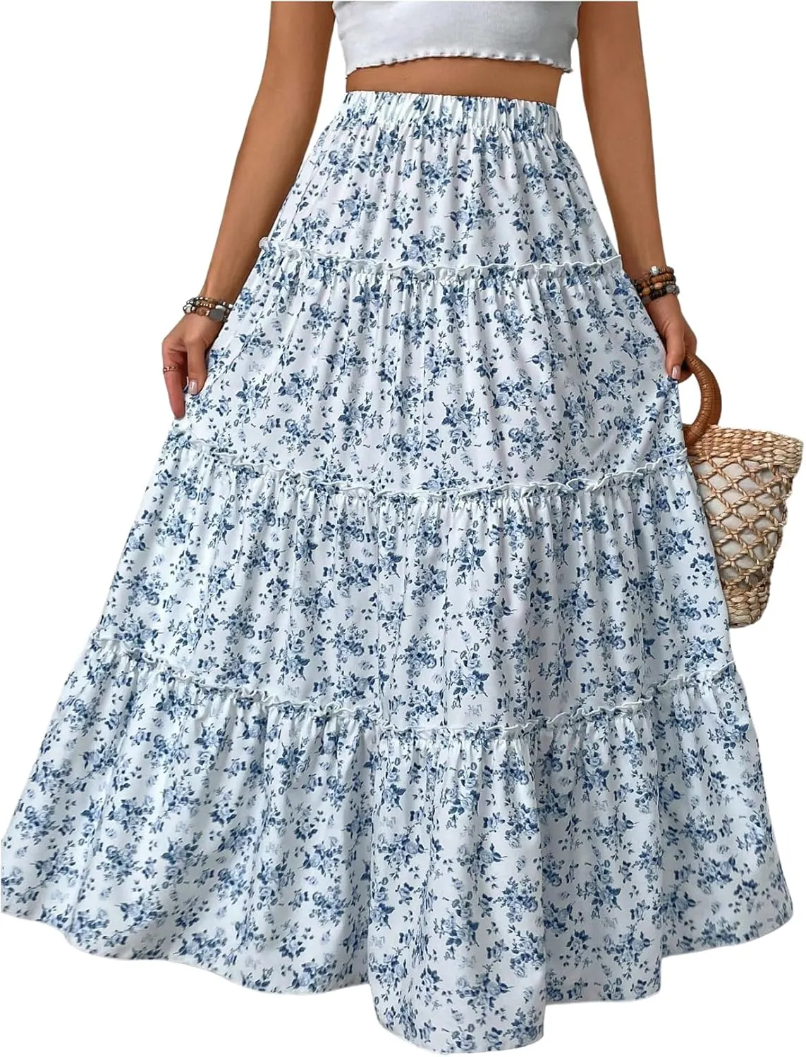 Verdusa Girl's Floral Print Elastic High Waist Ruffle Flowy Long Maxi Skirts