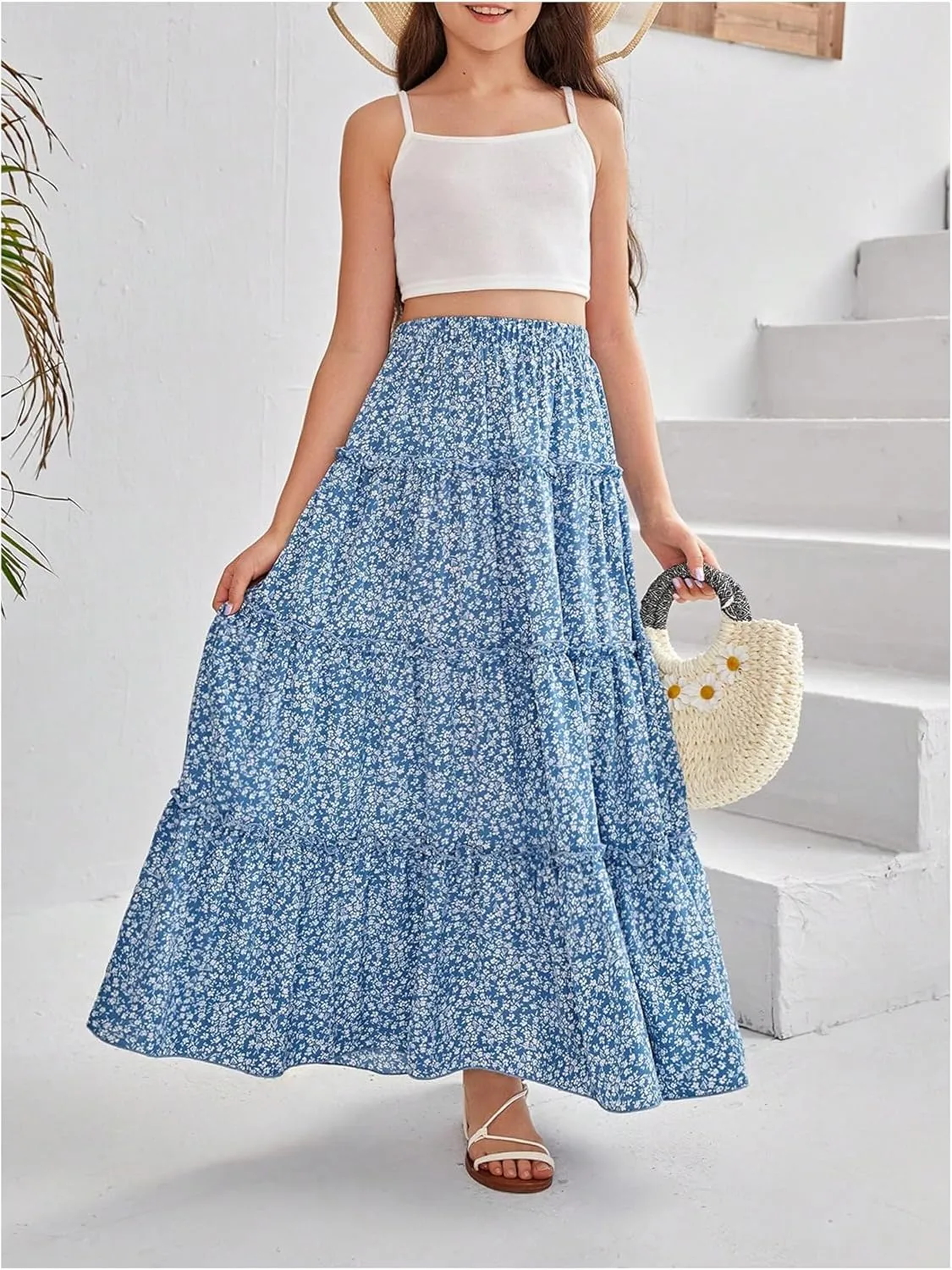 Verdusa Girl's Floral Print Elastic High Waist Ruffle Flowy Long Maxi Skirts