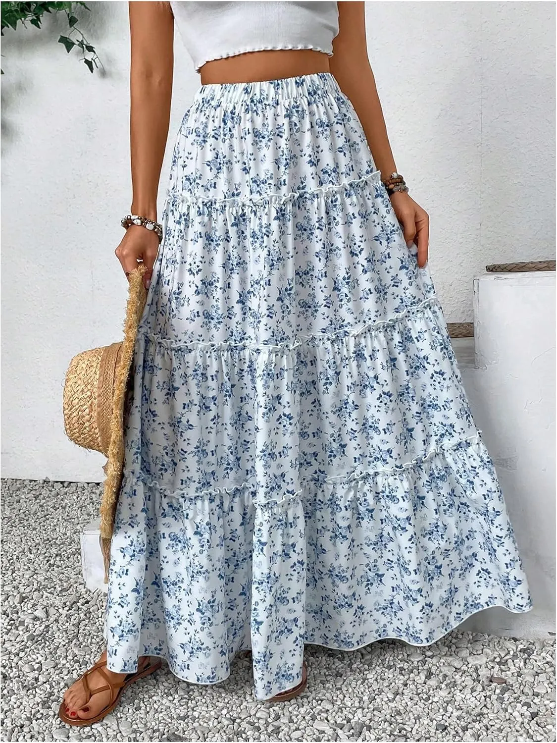 Verdusa Girl's Floral Print Elastic High Waist Ruffle Flowy Long Maxi Skirts