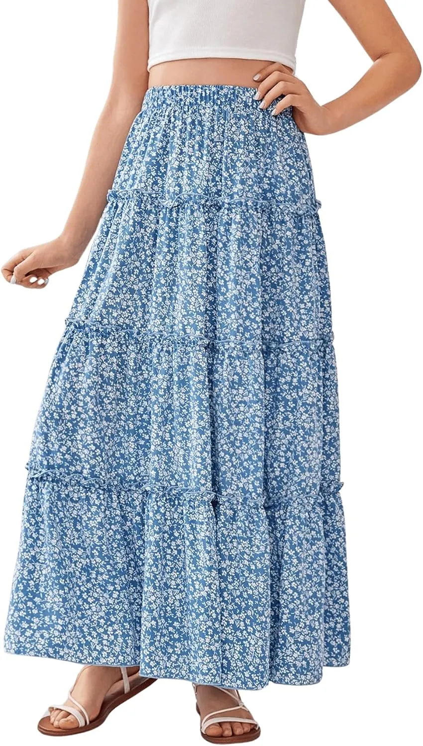 Verdusa Girl's Floral Print Elastic High Waist Ruffle Flowy Long Maxi Skirts