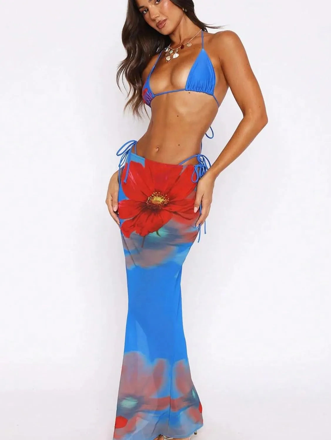 Verdusa Women's 3 Piece Floral Print Bikini Sets Swimsuit with Mesh Maxi Skirt