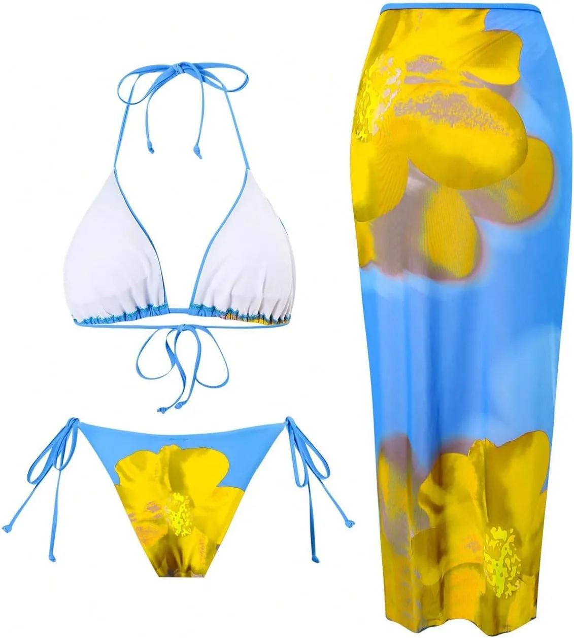 Verdusa Women's 3 Piece Floral Print Bikini Sets Swimsuit with Mesh Maxi Skirt