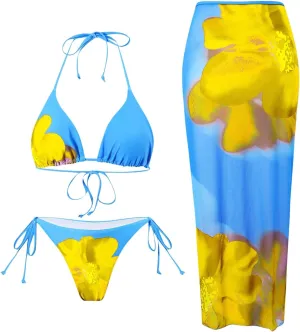 Verdusa Women's 3 Piece Floral Print Bikini Sets Swimsuit with Mesh Maxi Skirt
