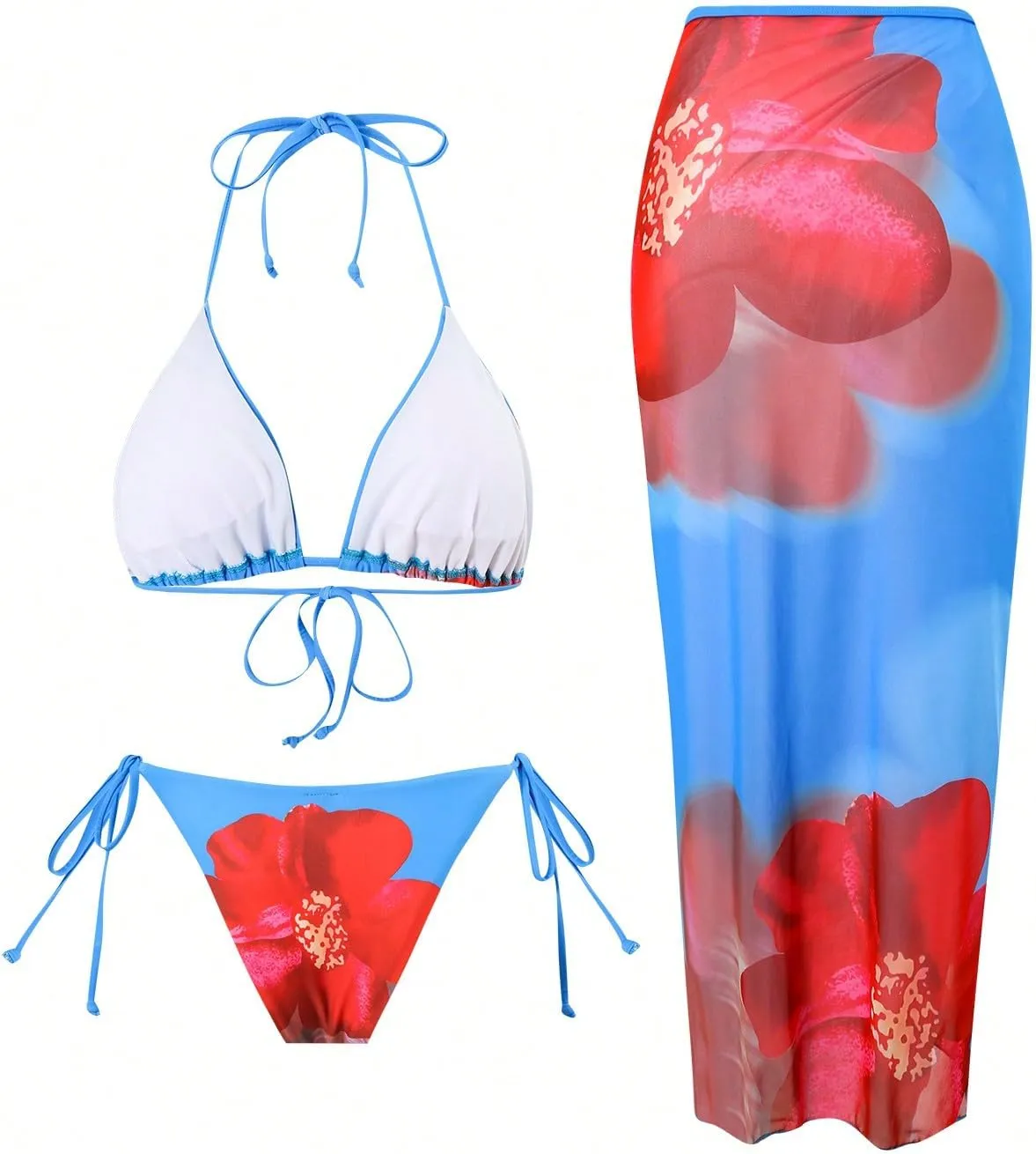 Verdusa Women's 3 Piece Floral Print Bikini Sets Swimsuit with Mesh Maxi Skirt