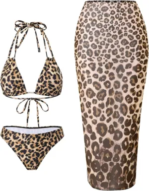 Verdusa Women's 3 Piece Floral Print Bikini Sets Swimsuit with Mesh Maxi Skirt