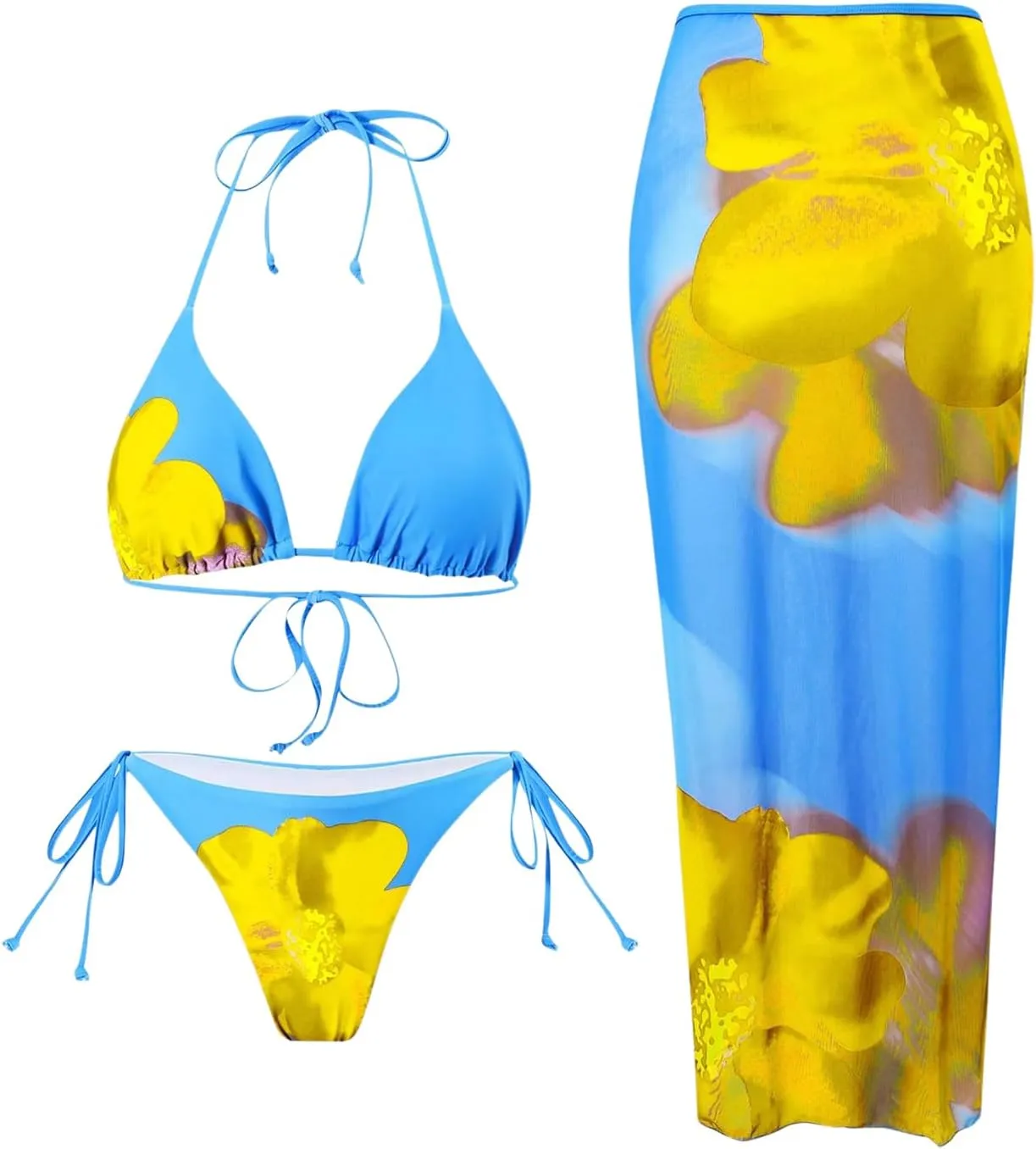 Verdusa Women's 3 Piece Floral Print Bikini Sets Swimsuit with Mesh Maxi Skirt