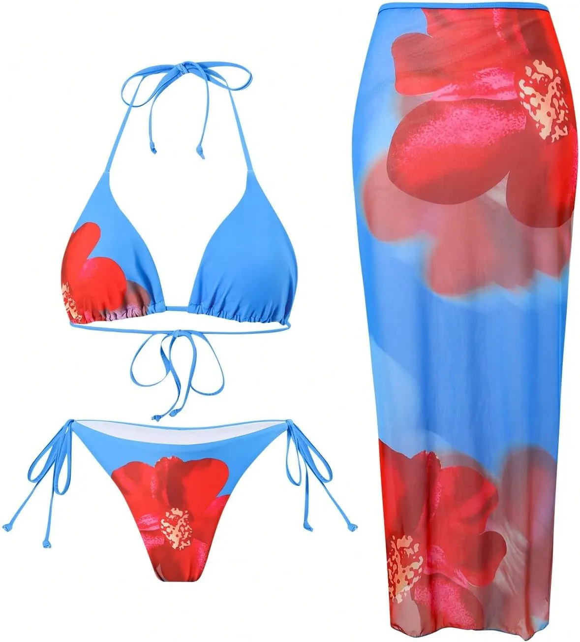 Verdusa Women's 3 Piece Floral Print Bikini Sets Swimsuit with Mesh Maxi Skirt