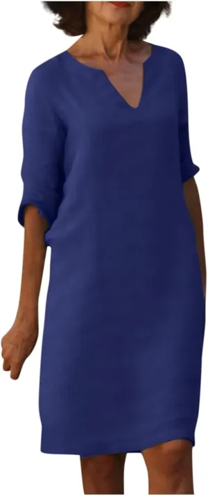 Vestidos De Verano Para Mujer 2023,Midi Dresses for Women Wedding Guets Summer 2023 Casual Cotton Linen Dress Womens Fashion Orders My Plus Size 3/4 Sleeve V Neck Y2k Warp Dress(D4 Dark Blue,3X-Large)
