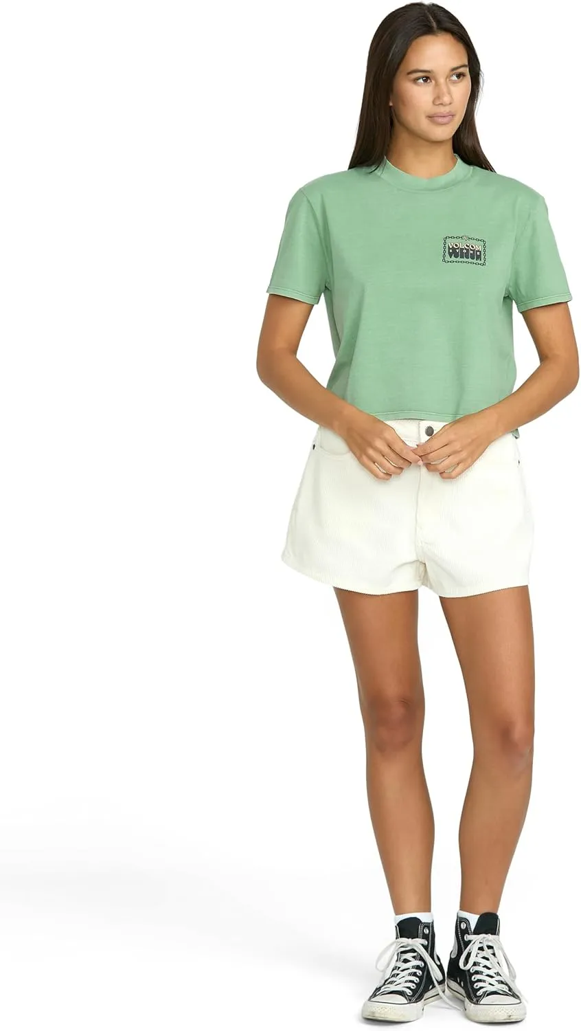 Volcom Women's Dial Crop Organic Cotton T-Shirt  Relaxed Fit, Enzyme Washed, Chest Pocket, Striped Interior Neck Tape