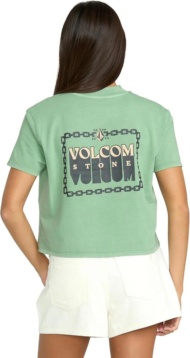 Volcom Women's Dial Crop Organic Cotton T-Shirt  Relaxed Fit, Enzyme Washed, Chest Pocket, Striped Interior Neck Tape