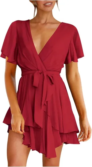 Waist Tie Layer Ruffle Dresses V-Neck Bandage Tunic Solid Mini Dress Short Sleeve Summer Dress for Women Sexy Sundress