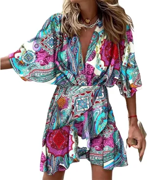 Wankang Colorful Short Summer Dresses for Women Ruffle Boho Mini Dress Half Sleeve Hippie Dress Swing Beach Dresses