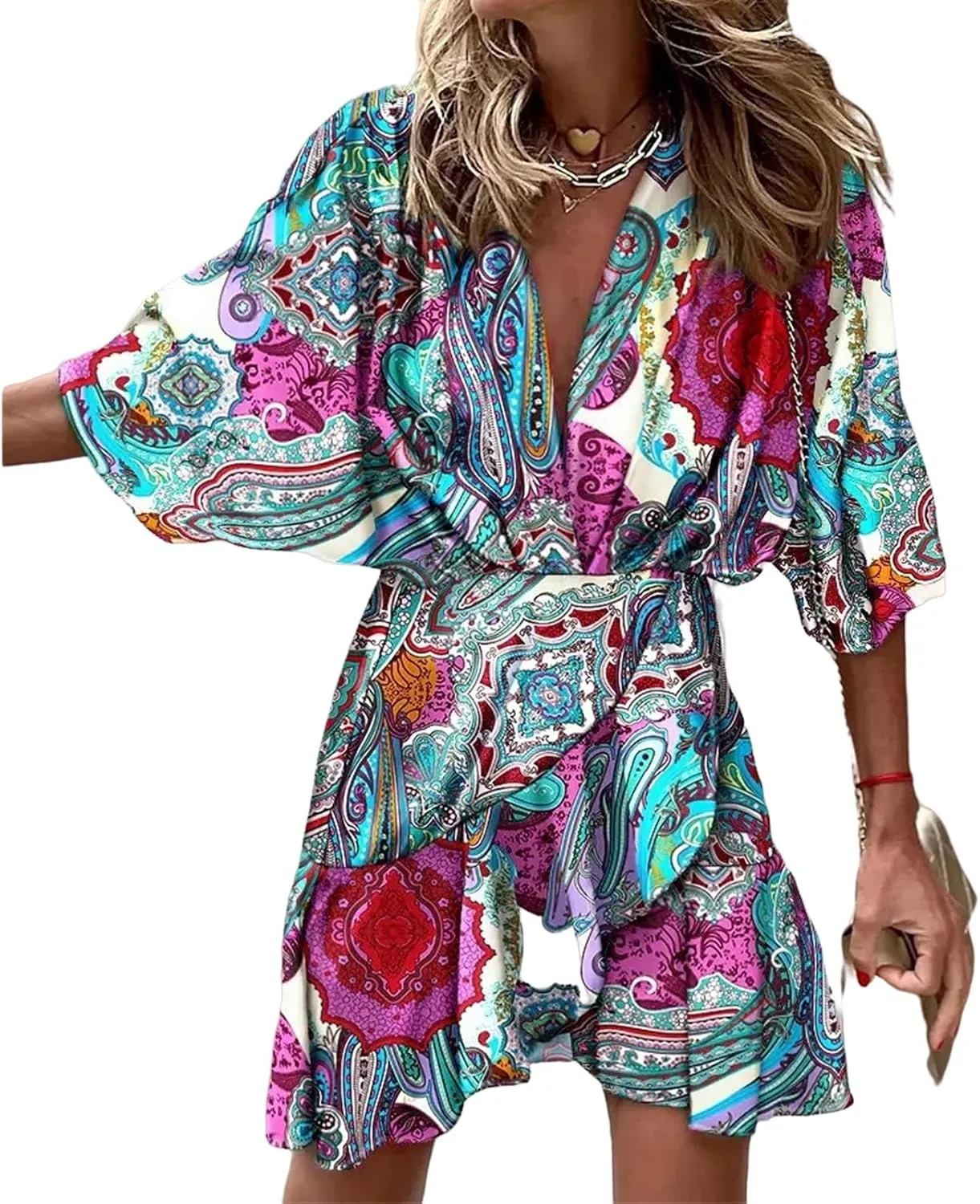 Wankang Colorful Short Summer Dresses for Women Ruffle Boho Mini Dress Half Sleeve Hippie Dress Swing Beach Dresses
