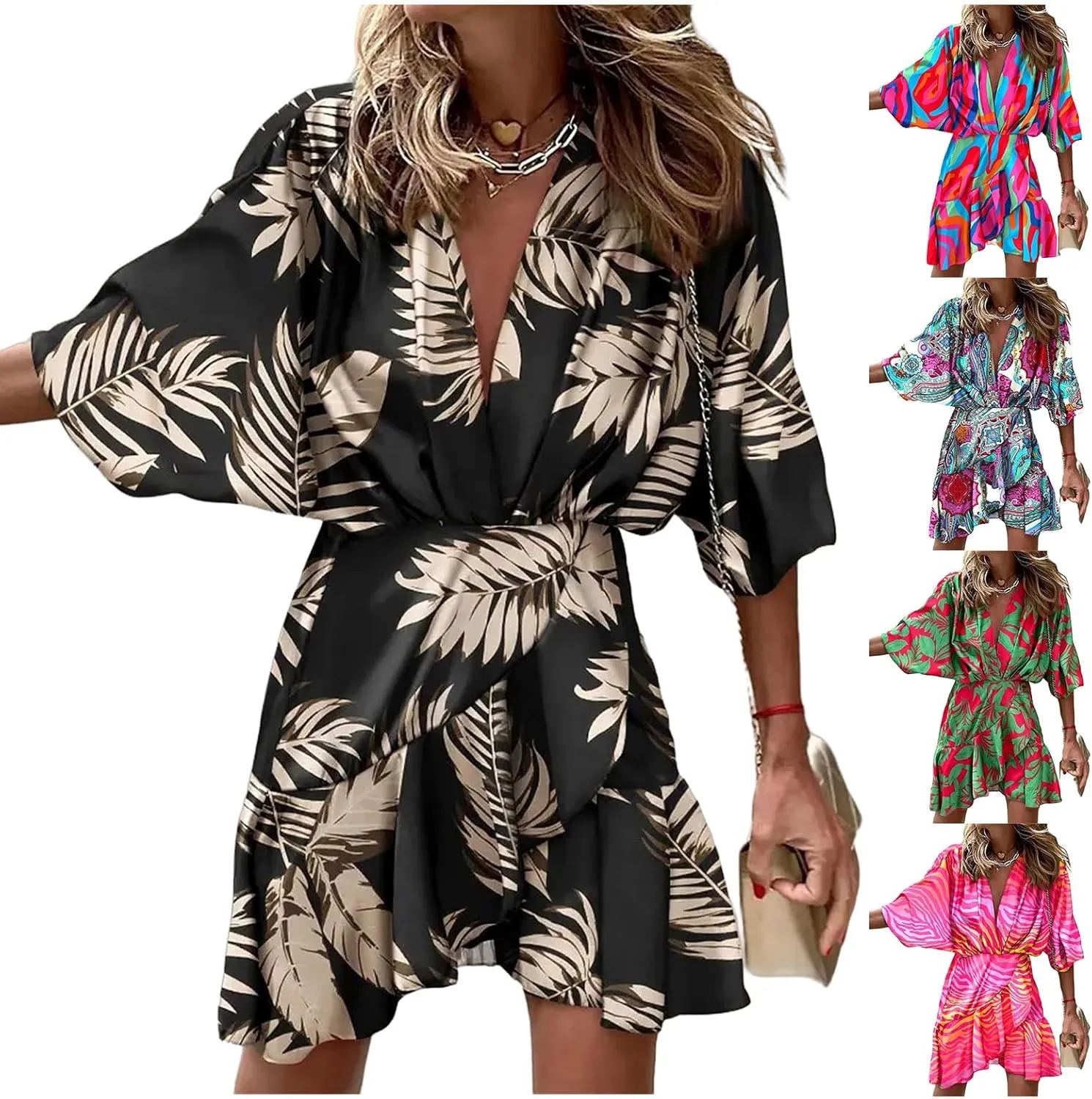 Wankang Colorful Short Summer Dresses for Women Ruffle Boho Mini Dress Half Sleeve Hippie Dress Swing Beach Dresses