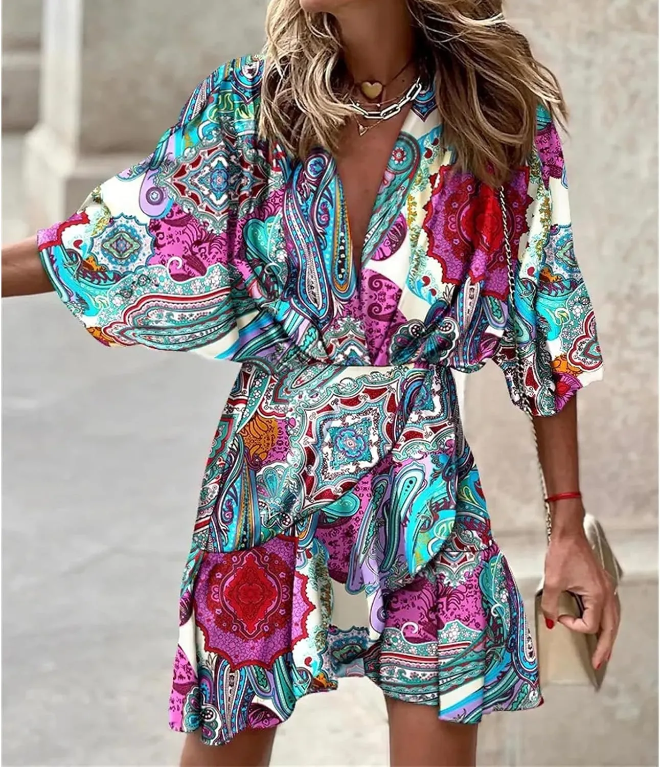 Wankang Colorful Short Summer Dresses for Women Ruffle Boho Mini Dress Half Sleeve Hippie Dress Swing Beach Dresses