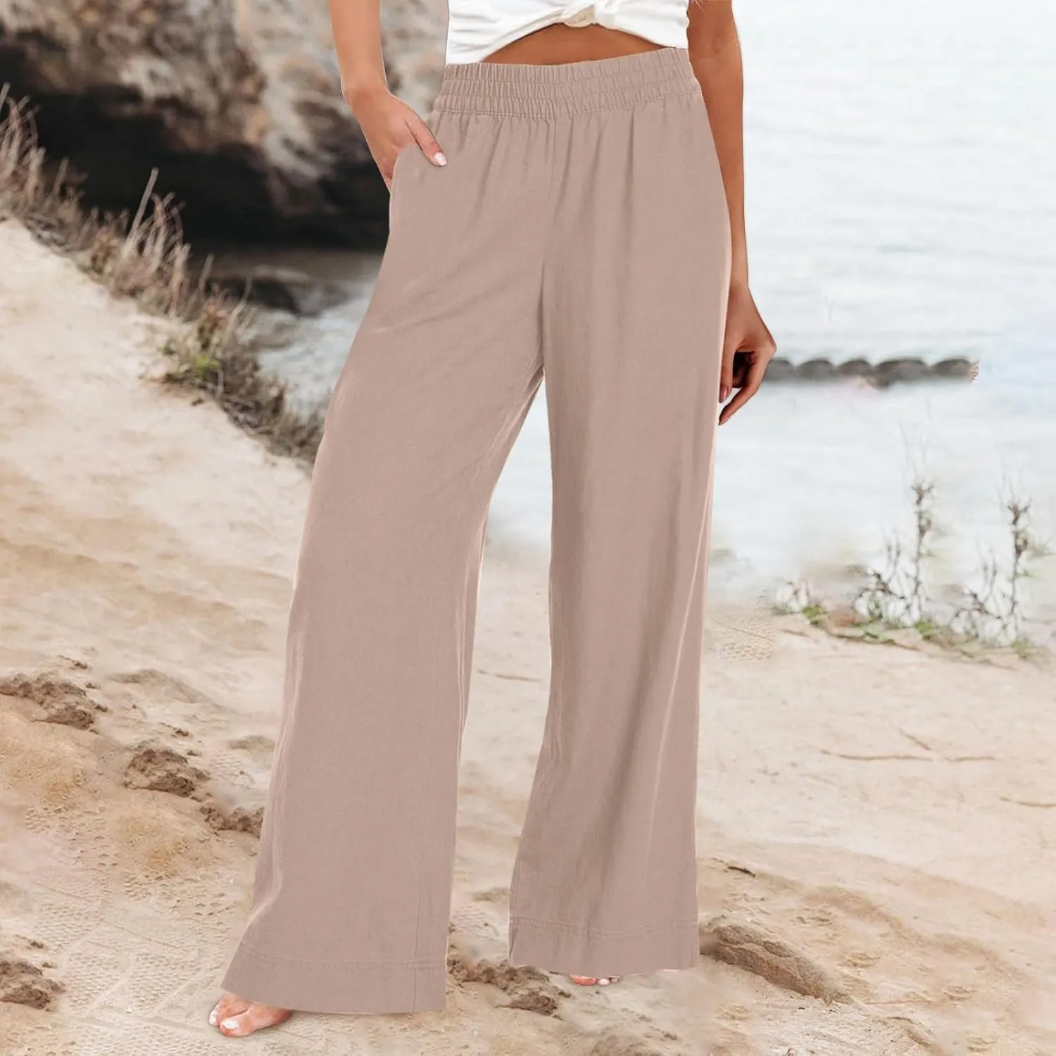 Wide Leg Linen Pants for Women Smocked Elastic High Waisted Palazzo Pants Summer Flowy Beach Trousers with Pockets