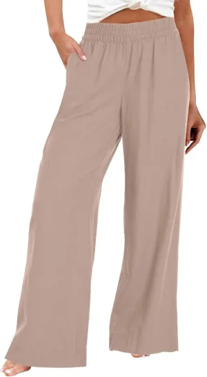 Wide Leg Linen Pants for Women Smocked Elastic High Waisted Palazzo Pants Summer Flowy Beach Trousers with Pockets