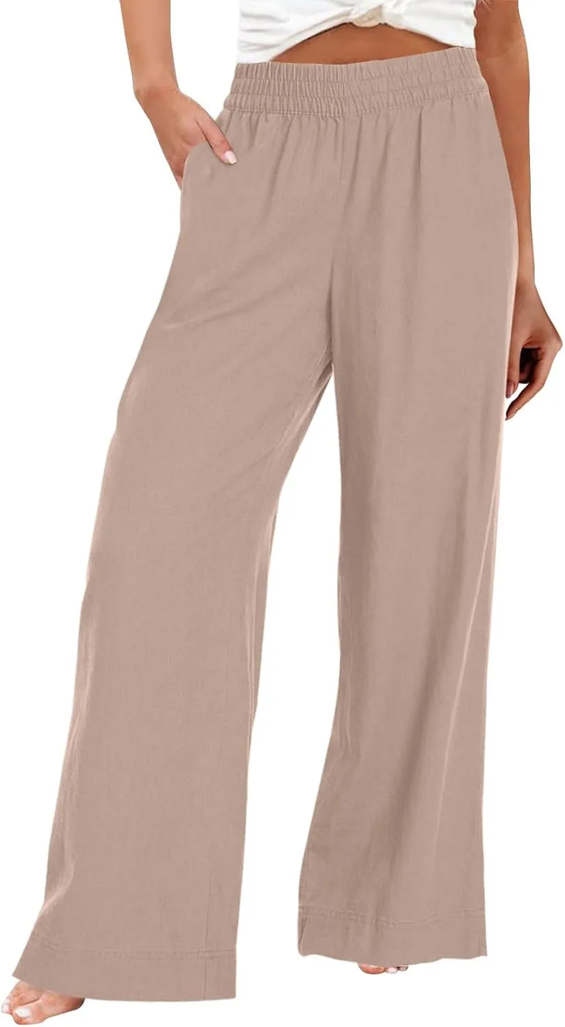 Wide Leg Linen Pants for Women Smocked Elastic High Waisted Palazzo Pants Summer Flowy Beach Trousers with Pockets
