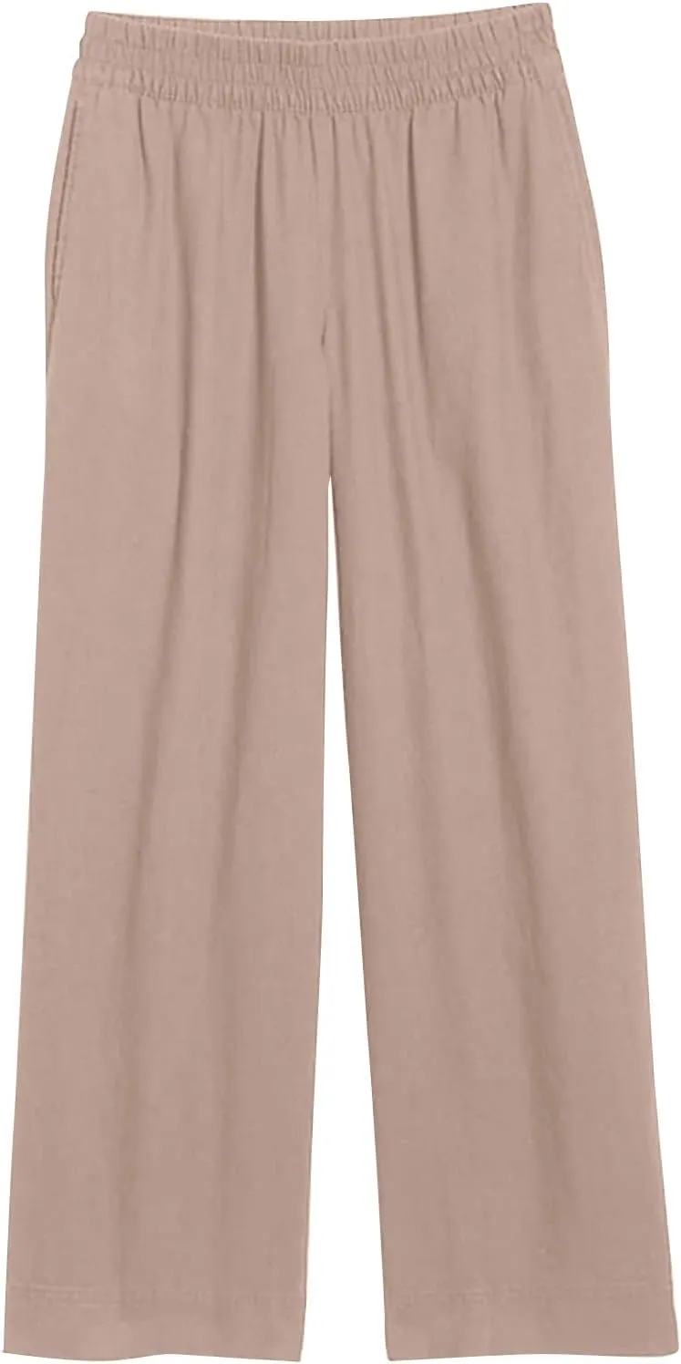 Wide Leg Linen Pants for Women Smocked Elastic High Waisted Palazzo Pants Summer Flowy Beach Trousers with Pockets