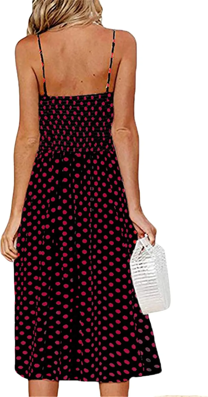 WIWIQS Women's Summer Spaghetti Strap Sundress Casual Midi Backless Dress Button Up Floral Dresses