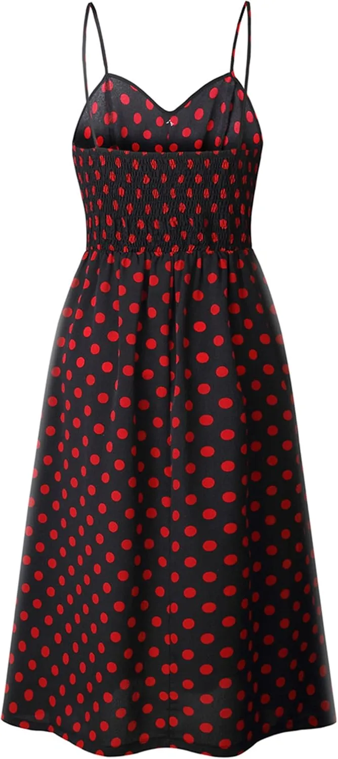 WIWIQS Women's Summer Spaghetti Strap Sundress Casual Midi Backless Dress Button Up Floral Dresses