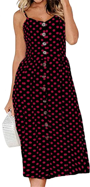 WIWIQS Women's Summer Spaghetti Strap Sundress Casual Midi Backless Dress Button Up Floral Dresses
