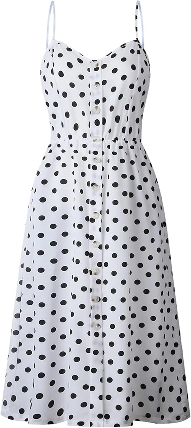 WIWIQS Women's Summer Spaghetti Strap Sundress Casual Midi Backless Dress Button Up Floral Dresses