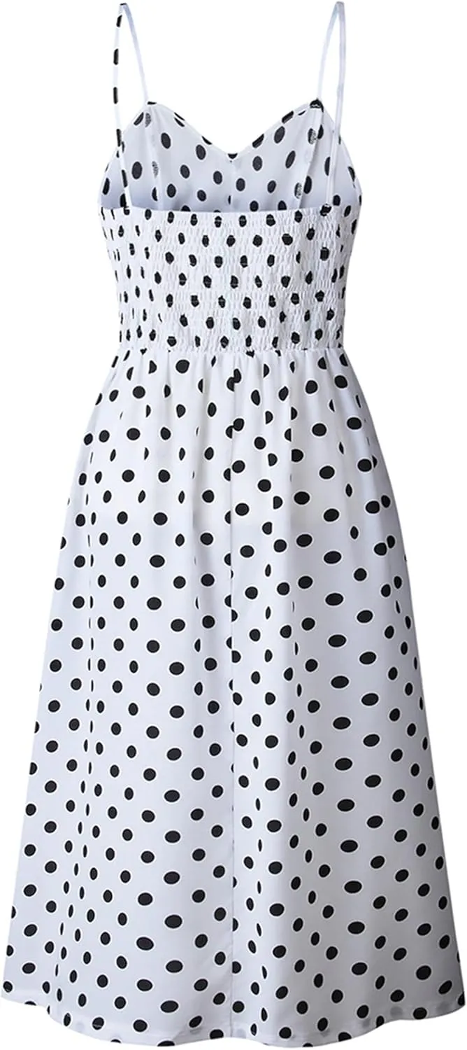WIWIQS Women's Summer Spaghetti Strap Sundress Casual Midi Backless Dress Button Up Floral Dresses