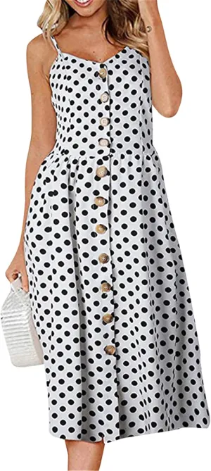 WIWIQS Women's Summer Spaghetti Strap Sundress Casual Midi Backless Dress Button Up Floral Dresses