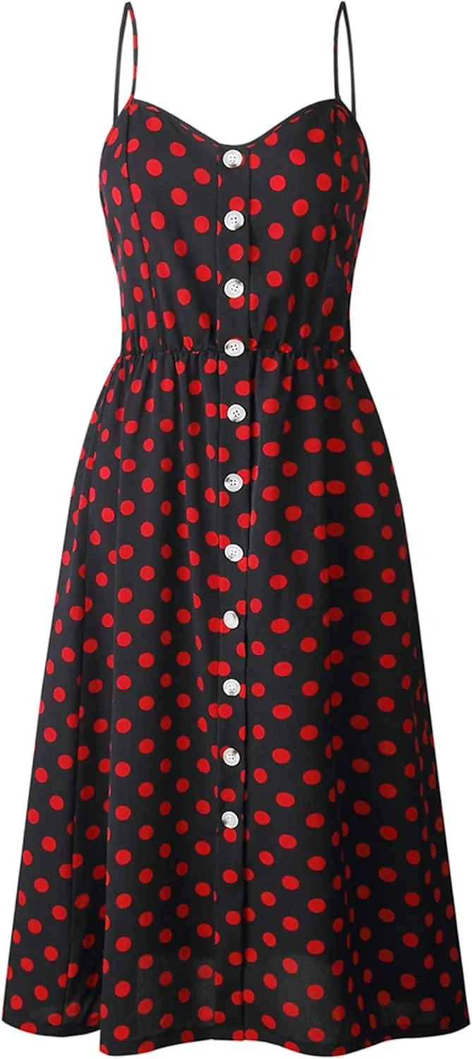 WIWIQS Women's Summer Spaghetti Strap Sundress Casual Midi Backless Dress Button Up Floral Dresses