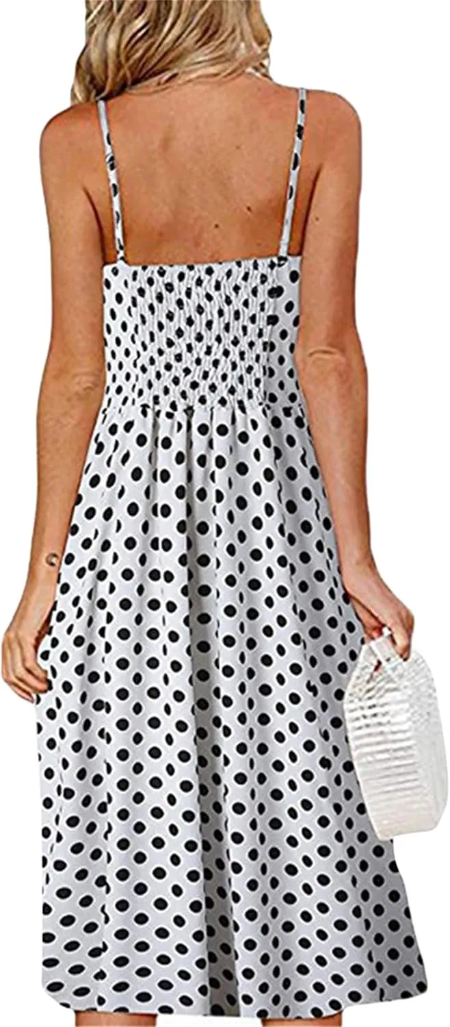 WIWIQS Women's Summer Spaghetti Strap Sundress Casual Midi Backless Dress Button Up Floral Dresses