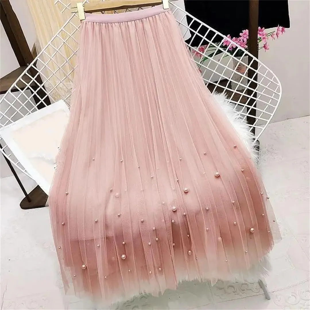 Wjnvfioo Women Mesh Plested Skirts Midi Skirt Female Spring High Waist Mid-Calf Skirts