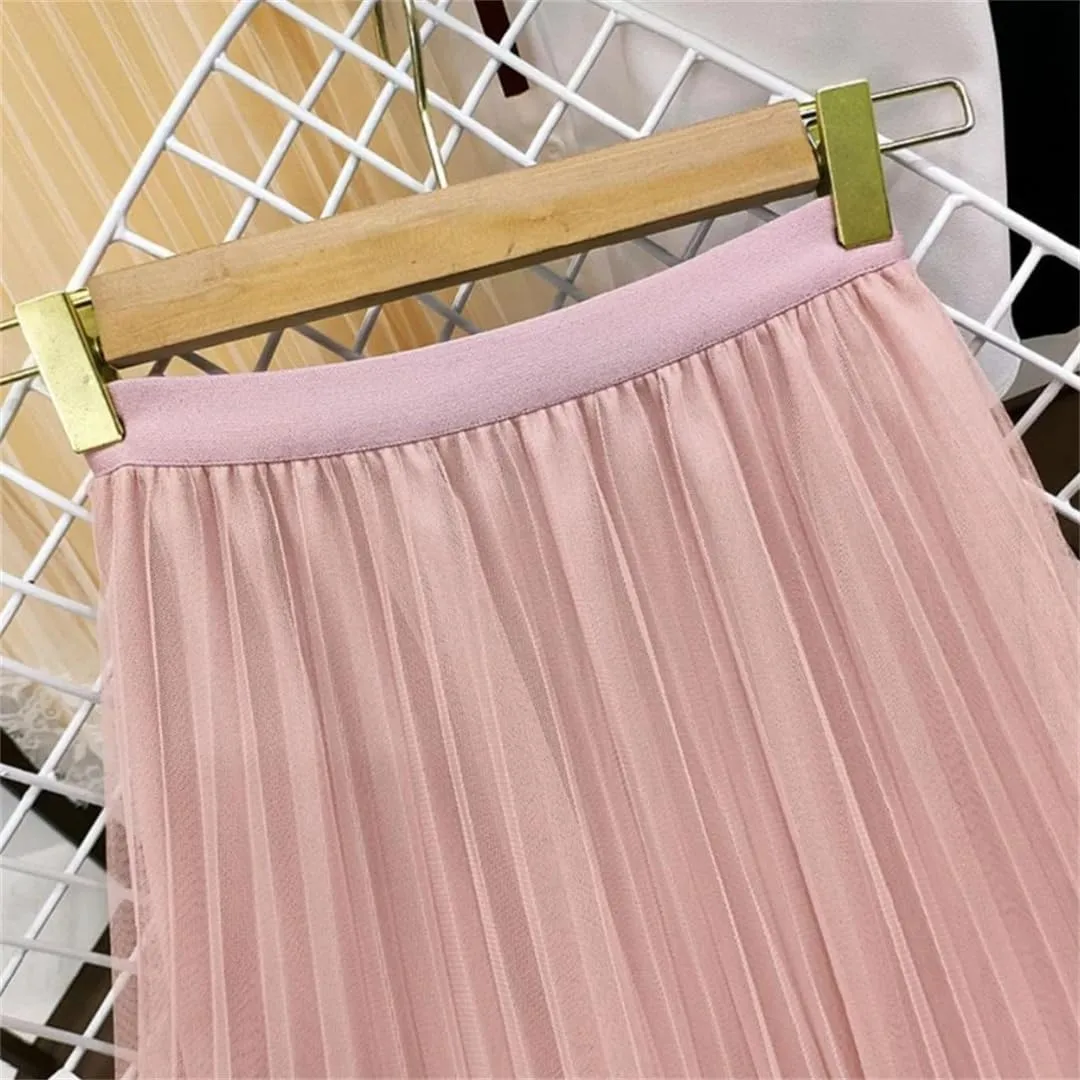Wjnvfioo Women Mesh Plested Skirts Midi Skirt Female Spring High Waist Mid-Calf Skirts