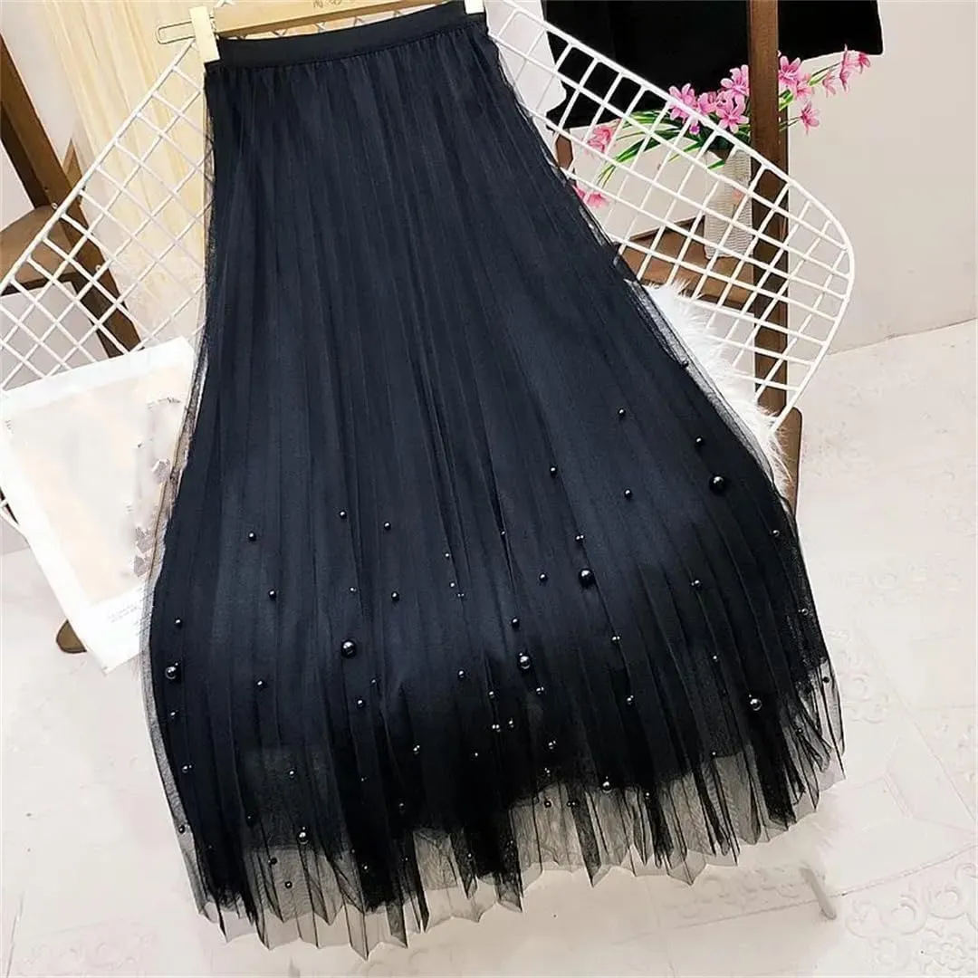 Wjnvfioo Women Mesh Plested Skirts Midi Skirt Female Spring High Waist Mid-Calf Skirts