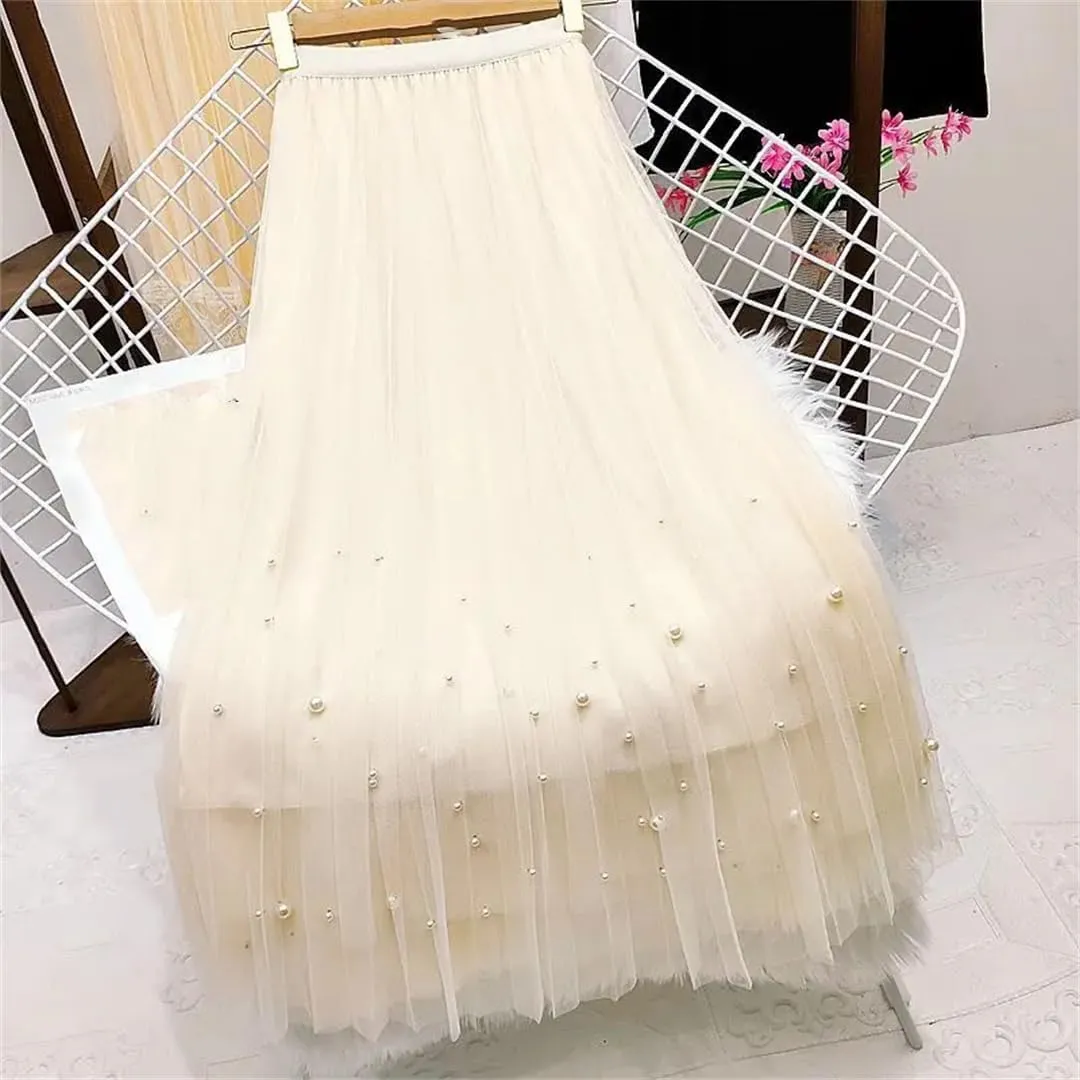 Wjnvfioo Women Mesh Plested Skirts Midi Skirt Female Spring High Waist Mid-Calf Skirts