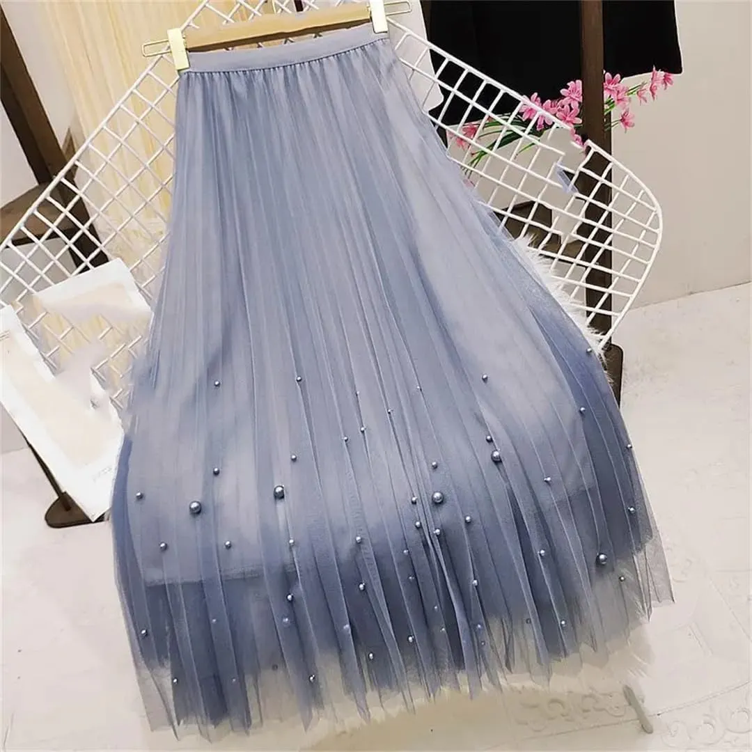 Wjnvfioo Women Mesh Plested Skirts Midi Skirt Female Spring High Waist Mid-Calf Skirts