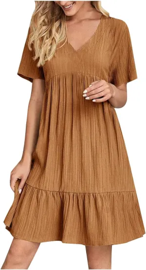 Wkishenl Summer Dresses for Women 2025 Vacation Trendy Short Sleeve V Neck Mini T Shirt Dress Pleated Ruffle Beach Sundresses