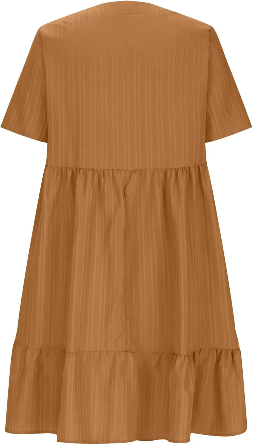 Wkishenl Summer Dresses for Women 2025 Vacation Trendy Short Sleeve V Neck Mini T Shirt Dress Pleated Ruffle Beach Sundresses