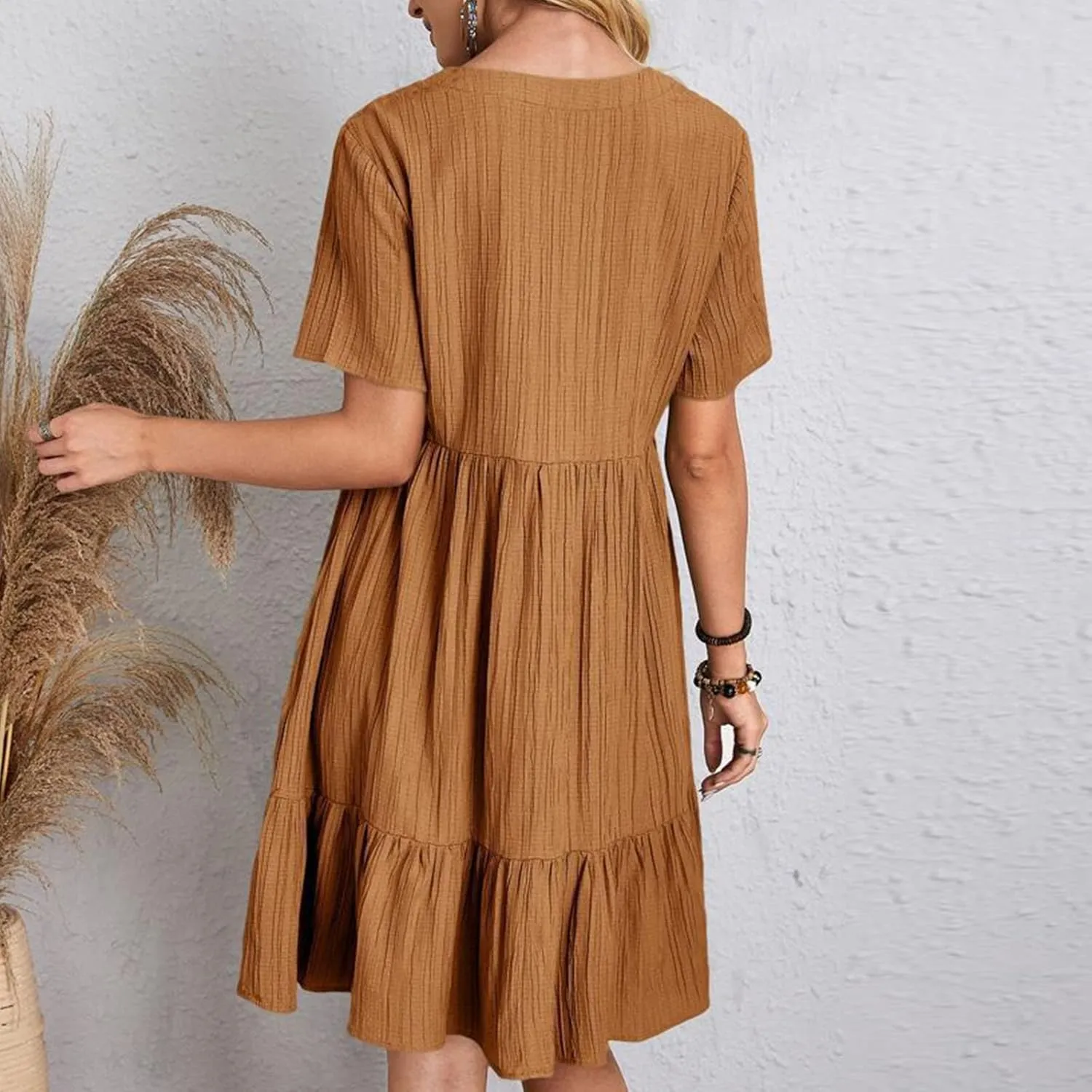 Wkishenl Summer Dresses for Women 2025 Vacation Trendy Short Sleeve V Neck Mini T Shirt Dress Pleated Ruffle Beach Sundresses