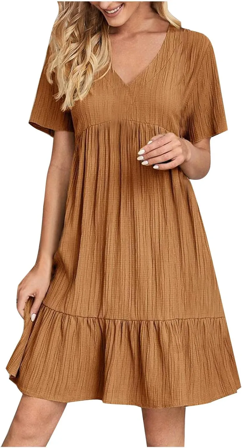 Wkishenl Summer Dresses for Women 2025 Vacation Trendy Short Sleeve V Neck Mini T Shirt Dress Pleated Ruffle Beach Sundresses
