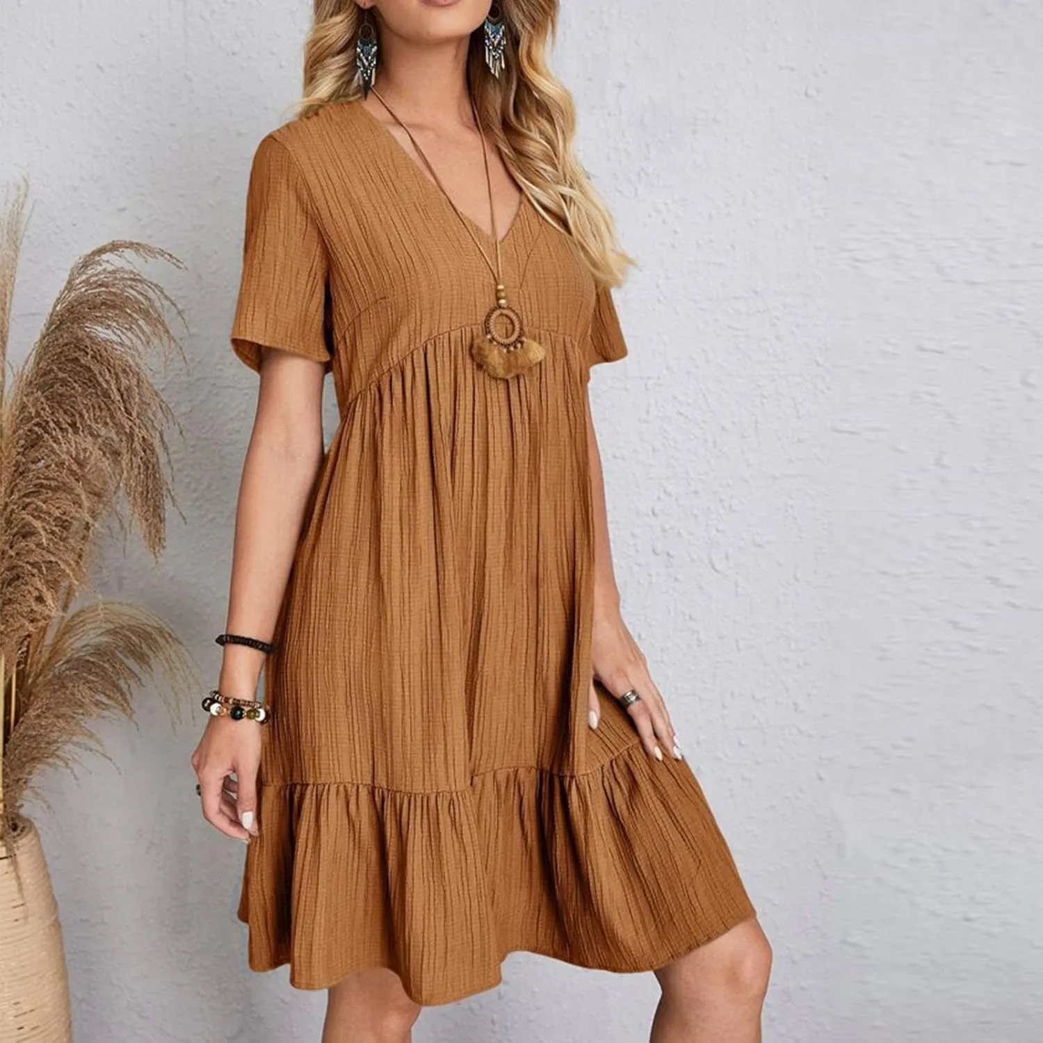 Wkishenl Summer Dresses for Women 2025 Vacation Trendy Short Sleeve V Neck Mini T Shirt Dress Pleated Ruffle Beach Sundresses