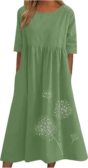 Women 2024 Casual Summer Dress Cotton Linen Maxi Long Dresses Short Sleeve Boho Dress Dressy Clothing with Pockets
