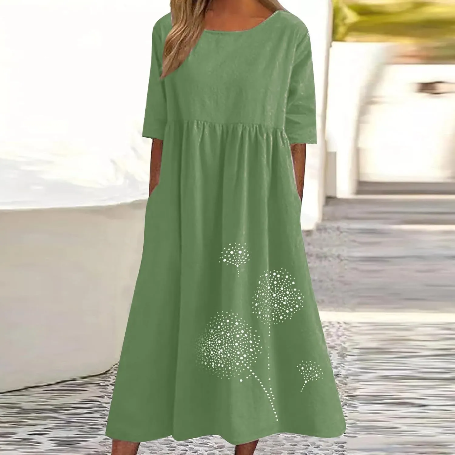 Women 2024 Casual Summer Dress Cotton Linen Maxi Long Dresses Short Sleeve Boho Dress Dressy Clothing with Pockets